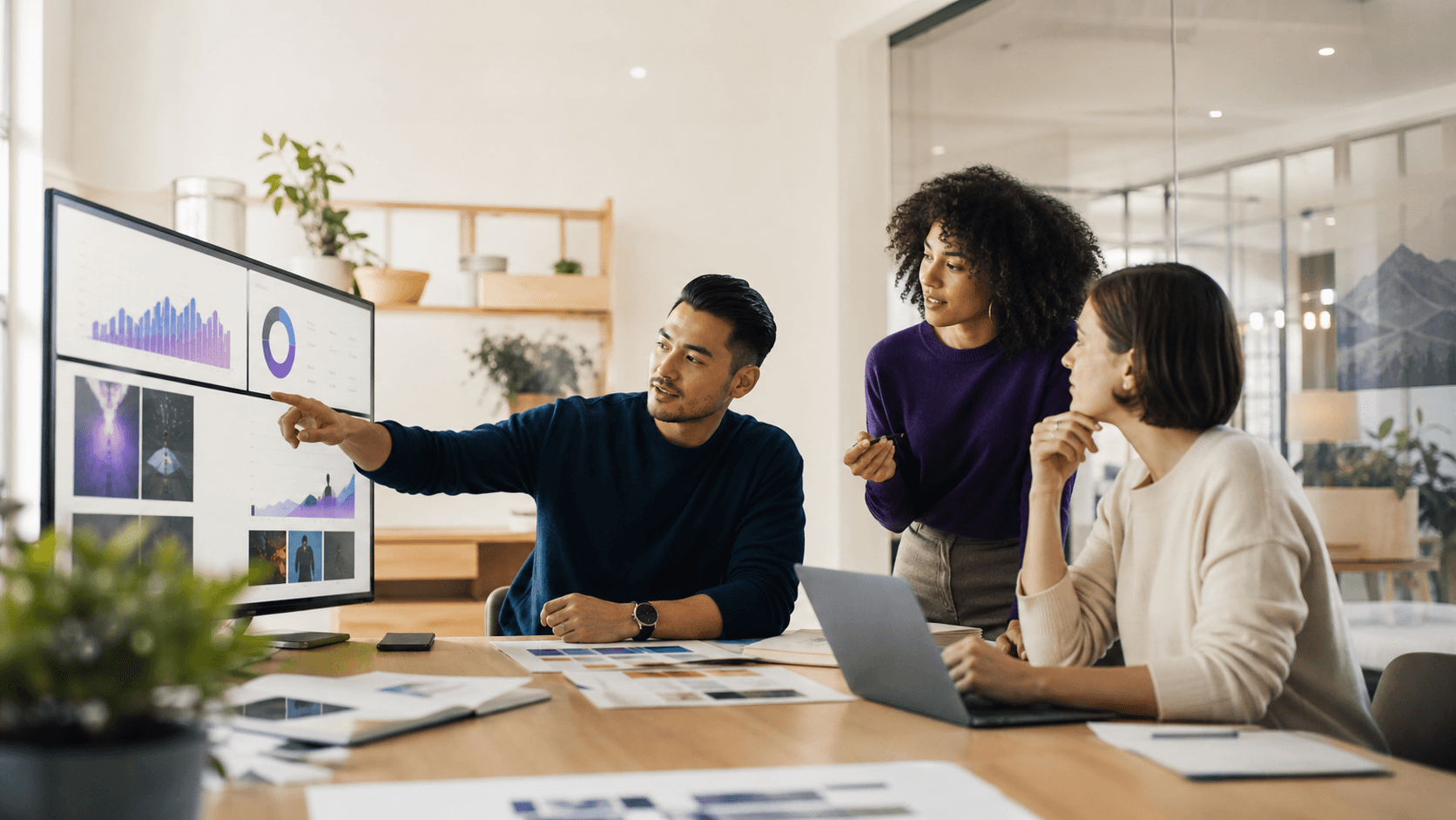 Creative strategy team collaborating on AI campaigns and business analytics