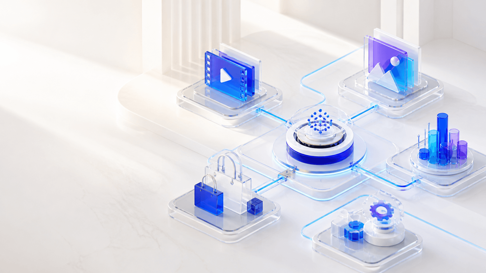 Abstract visualization of NexaSphere's connected AI solution ecosystem